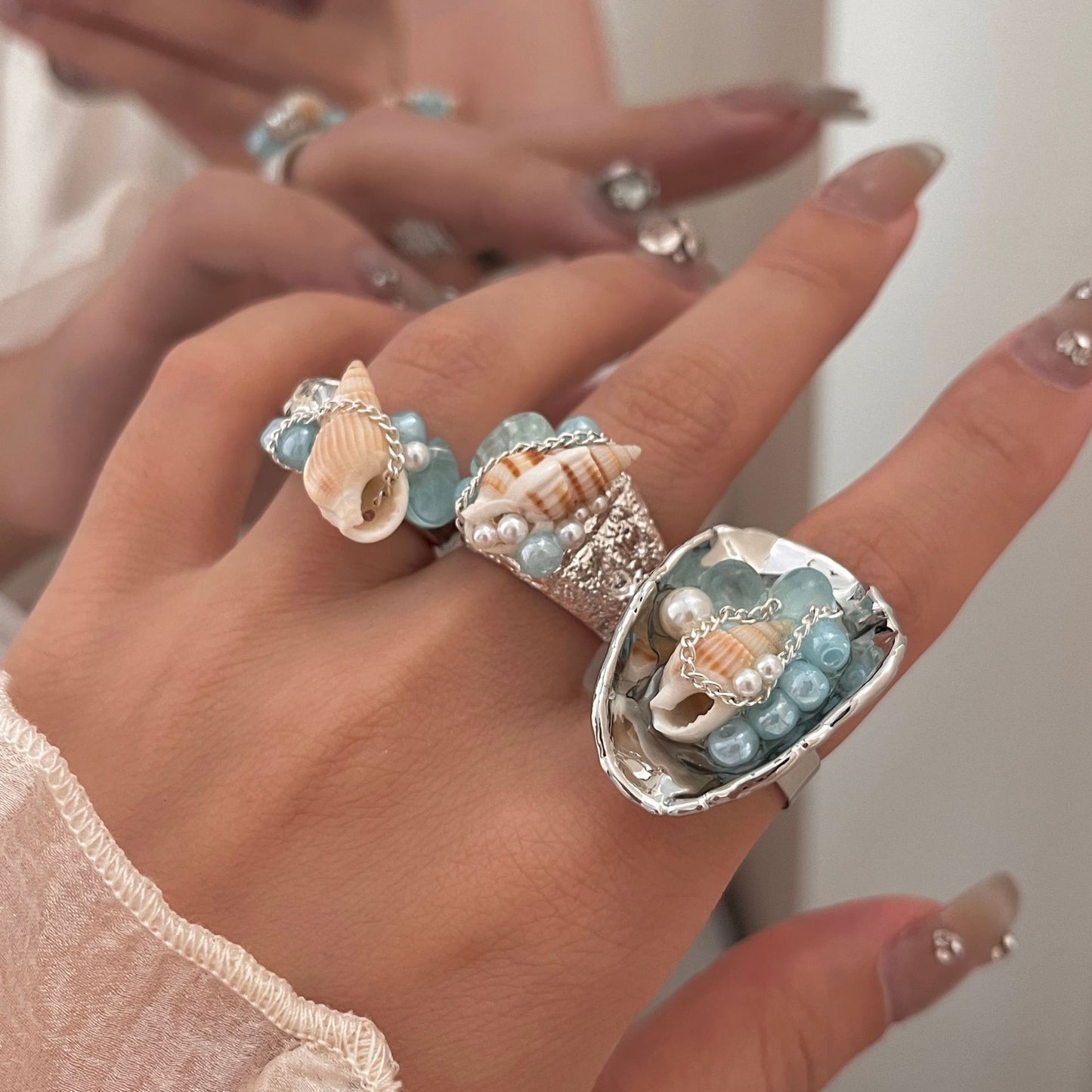 Style Natural Water Blue Stone Shell Handmade Cold Wind Metal Rings