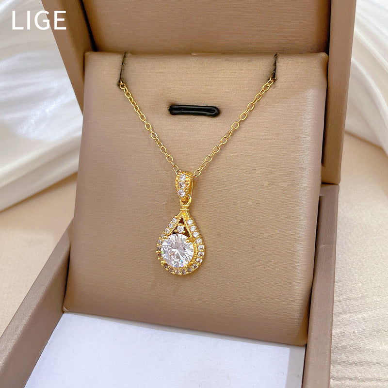 Titanium Steel Light Luxury Real Gold Water Drop Super Flash Necklace