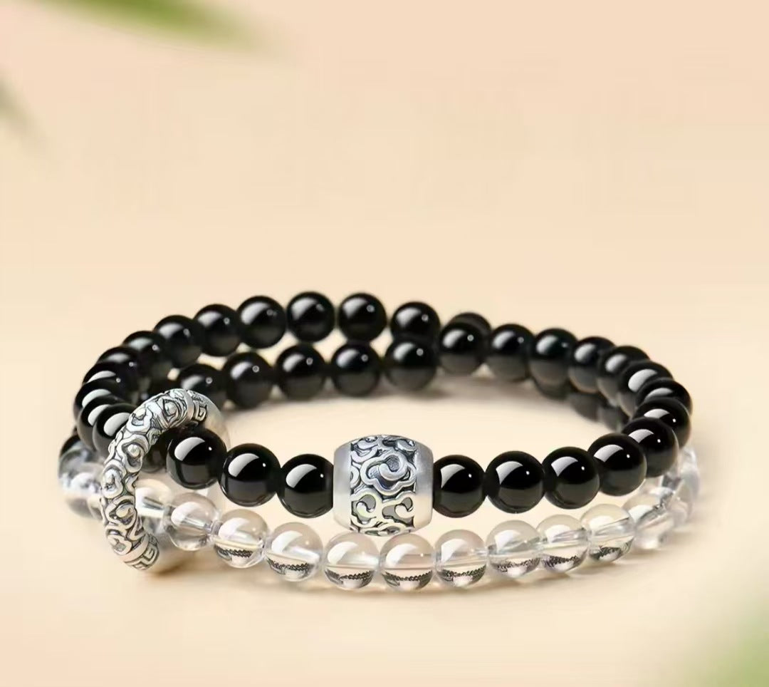 Women's & Men's Obsidian Aquamarine Double Crystal Lucky Beads Bracelets