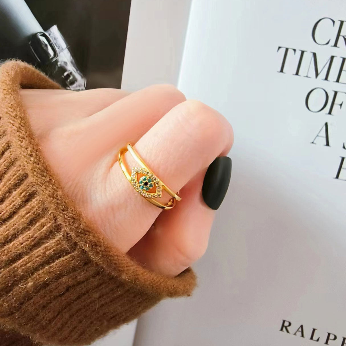 Devil's Eye Copper Plating Real Gold Open Diamond Three-color Ring