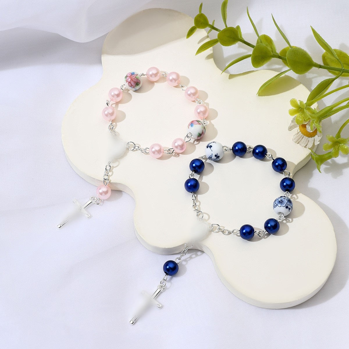 Women's & Men's Ceramic Flower Gift Cross Baptism Communion Bracelet
