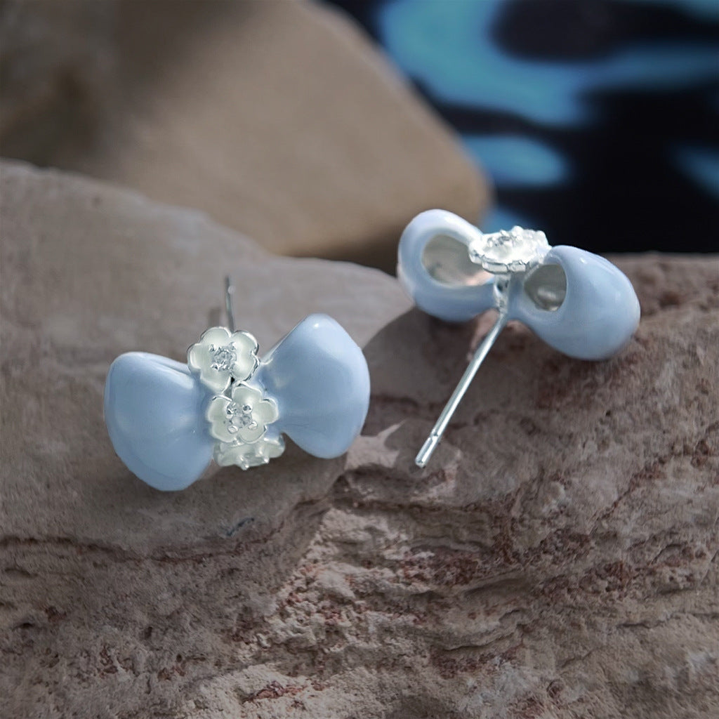 Milk Blue Drip Glazed Bow Flower Zircon Ear Earrings