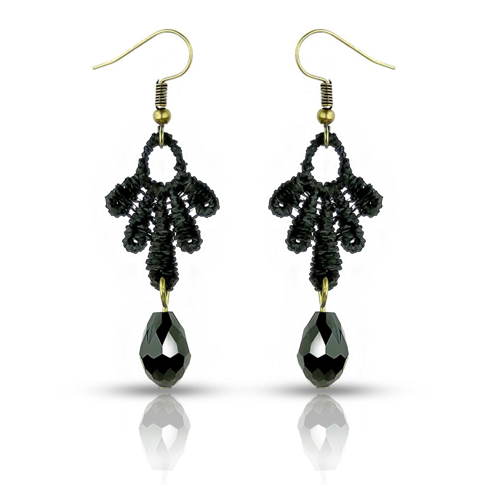 Women's Fashion Baroque Crystal Eardrops Black Lace Earrings