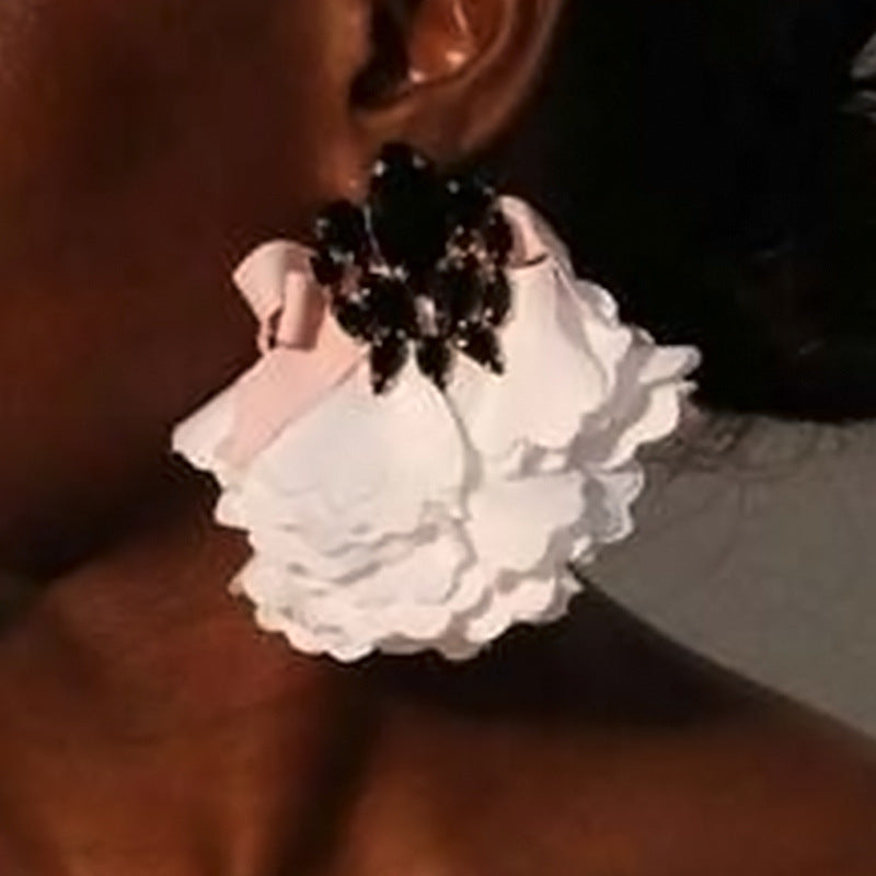Handmade Fabric Crystal Flower Fashion Exaggerating Eardrops Earrings