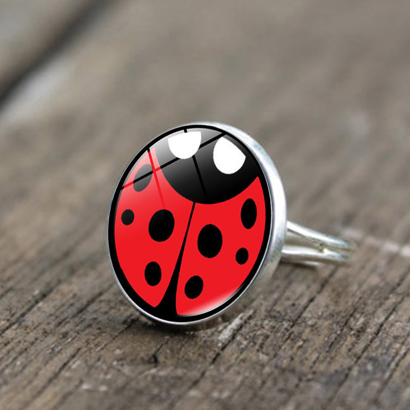 Round Polka Dot Time Stone Cartoon Anime Ladybug Brush Printed Ring
