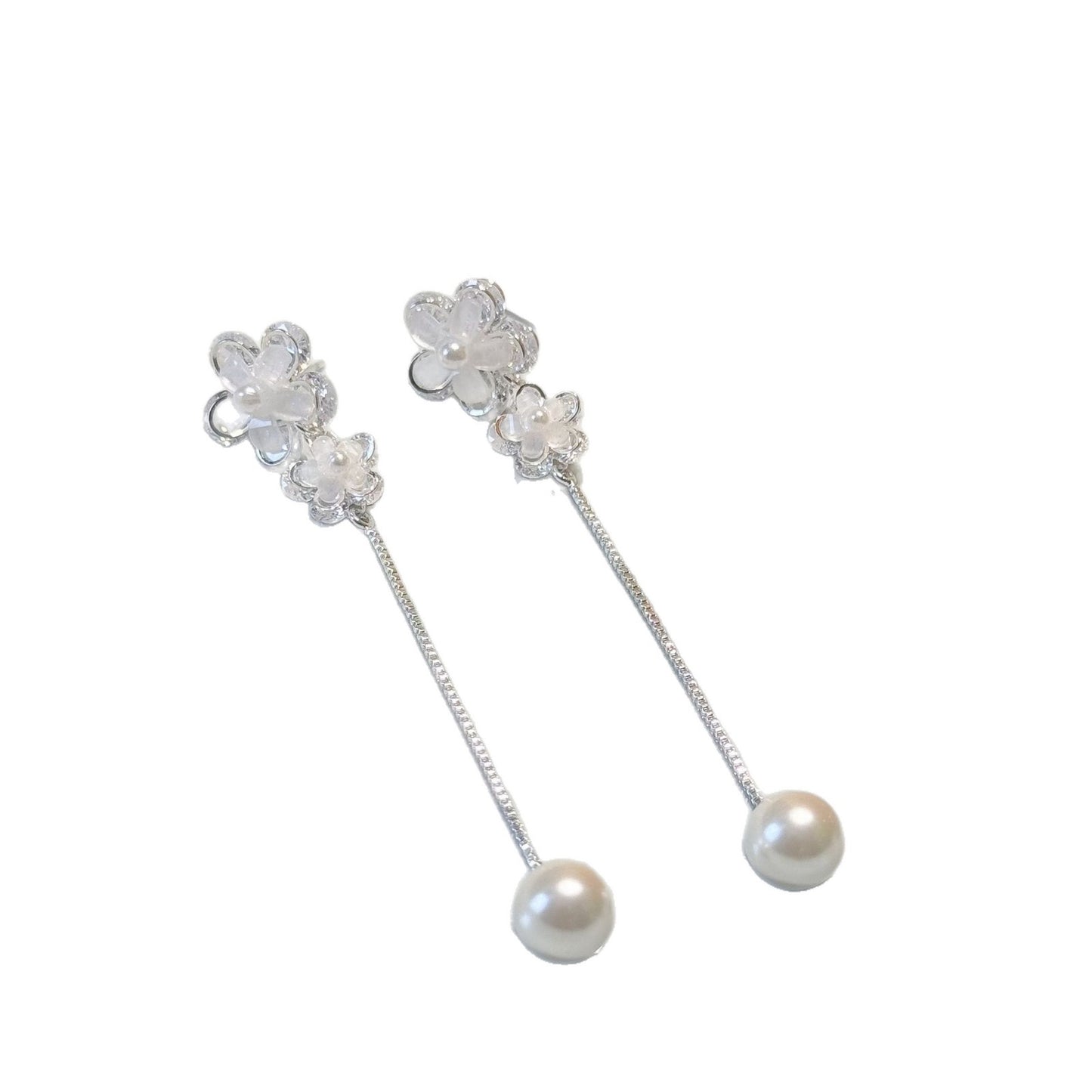 Fashion Long Double Flower Pearl Tassel Super Fairy Face Small Stud Earrings