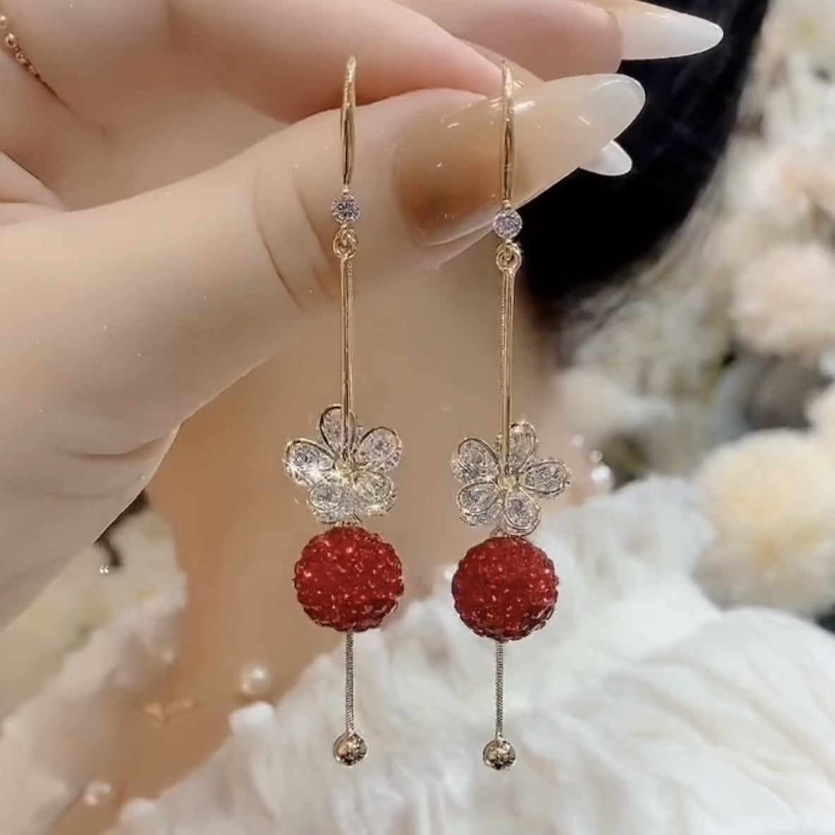 Women's Zircon Flower Long Fringe Temperament Light Luxury Red Rhinestone Ball Earrings