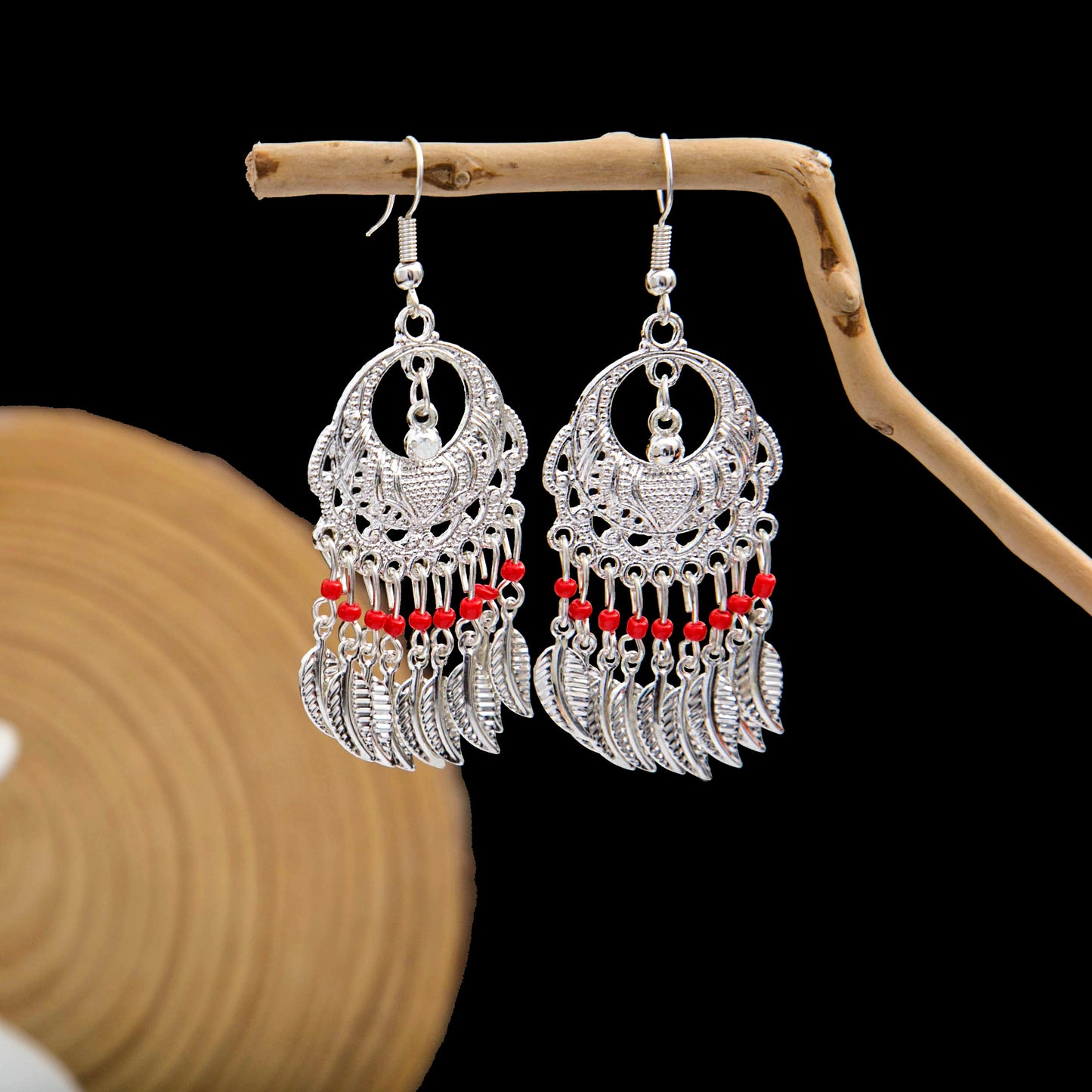 Miao Sier Colorful Long Feather Tassel Rings