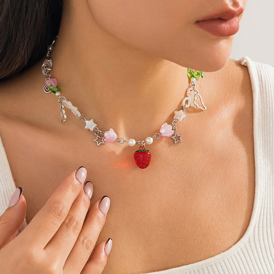 Temperament Hot Strawberry Imitation Pearl Tassel Necklaces