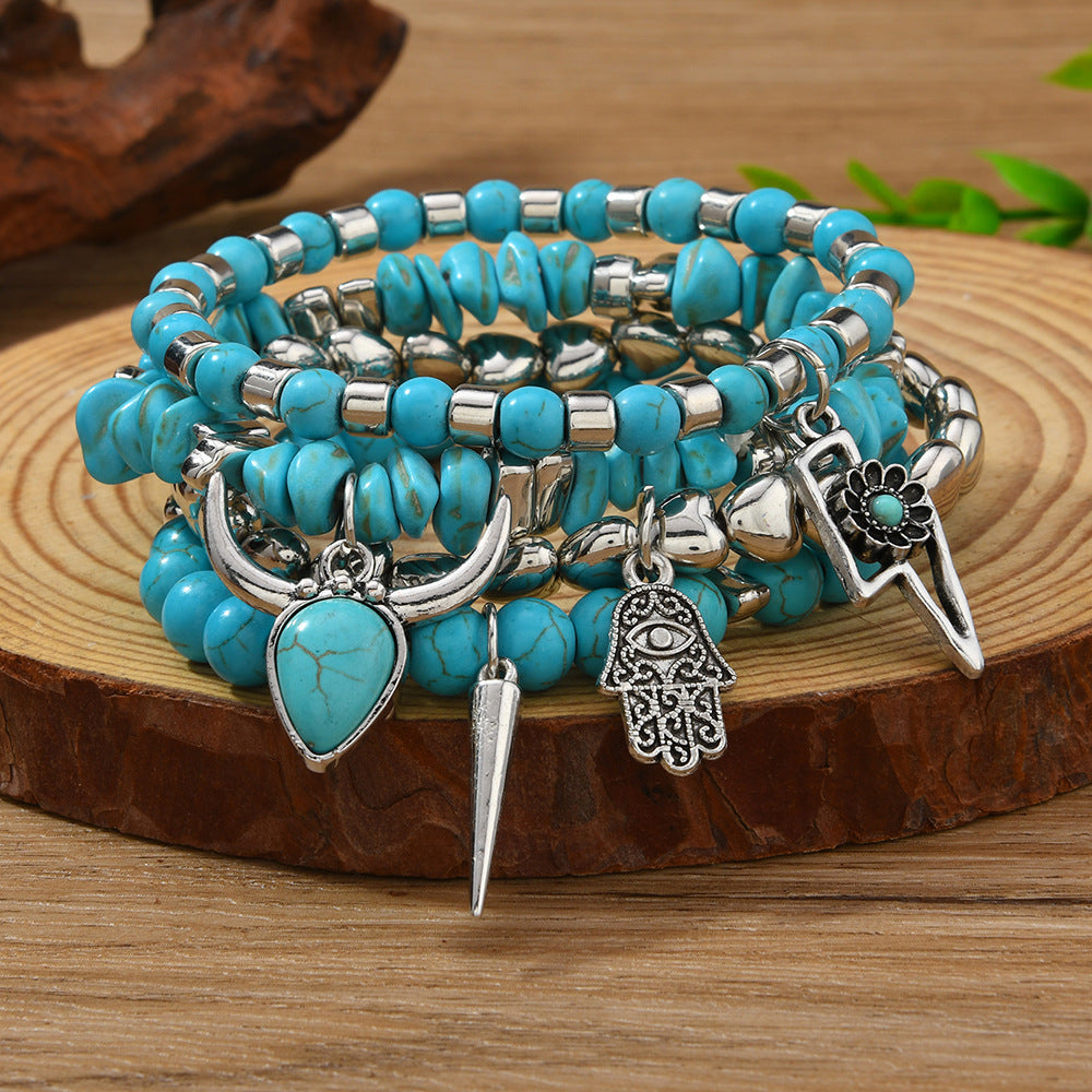 Women's Turquoise Handmade Beaded Bull Head Cowboy Hat Match Bracelet