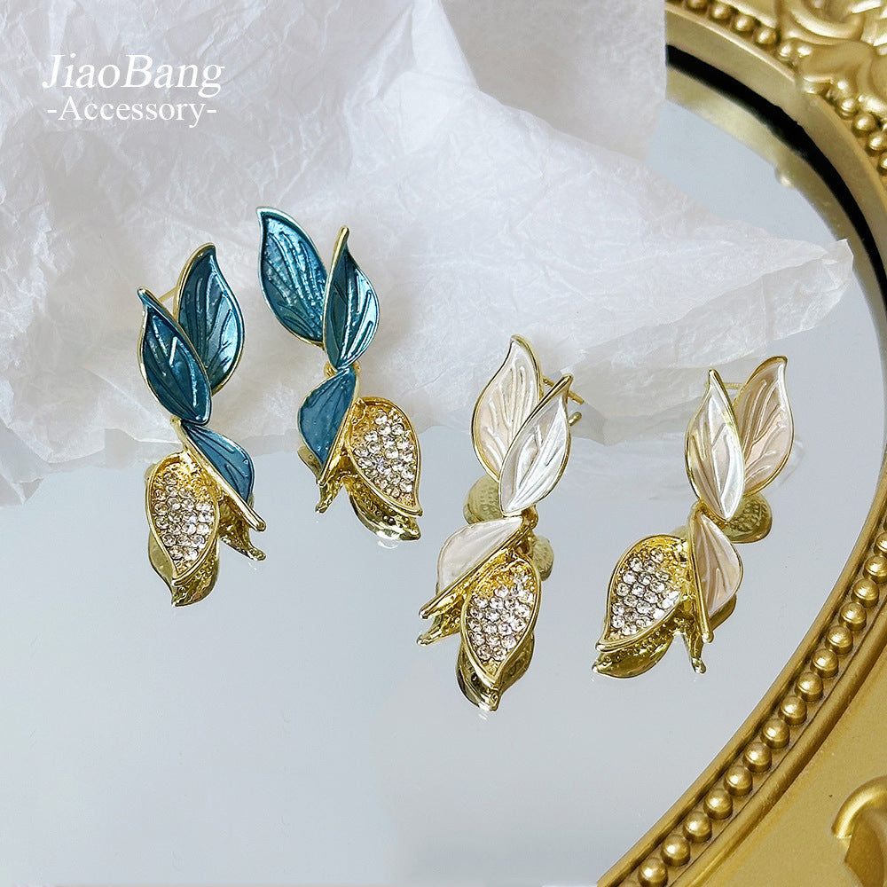 Fresh Mori Style Green Dripping Leaf High Earrings