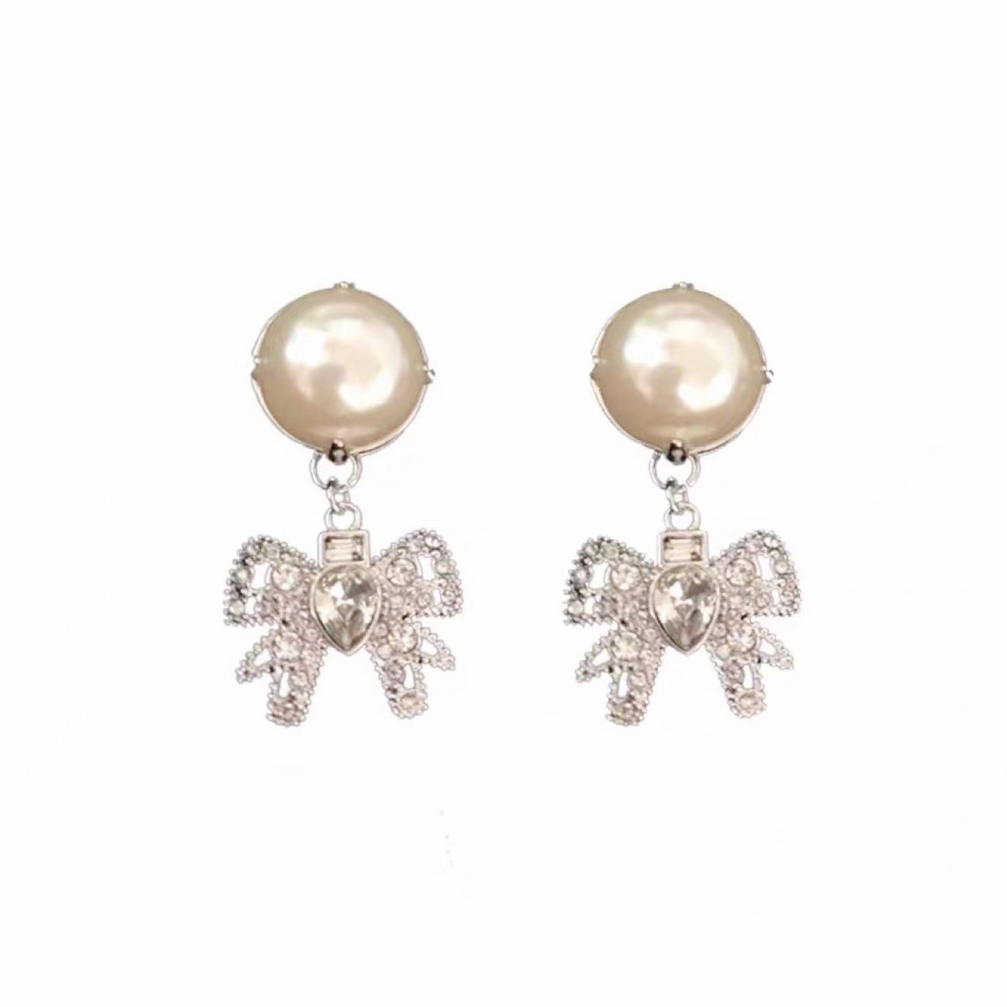 Bowknot Full Diamond Pearl Temperament Entry Earrings