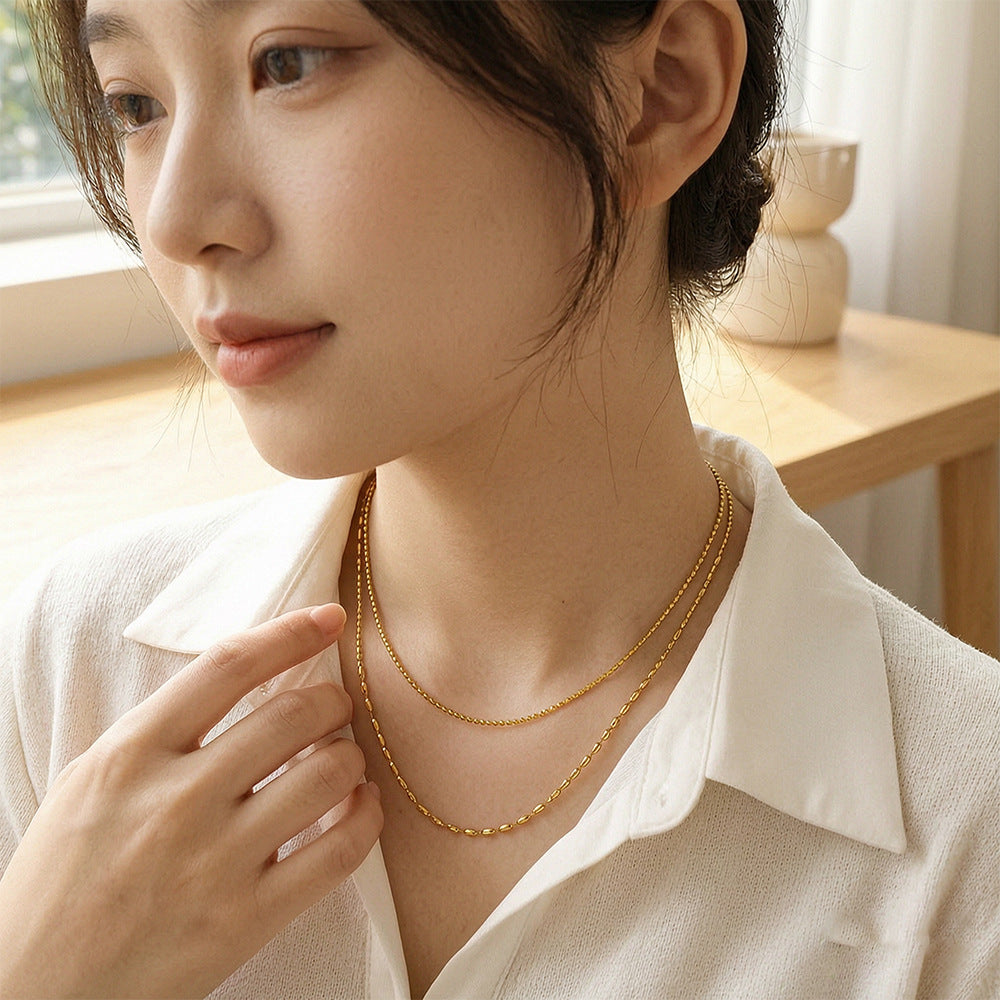 Women's Fashion Simple Design Rice Chain Personalized Stainless Steel Gold-plated Necklace