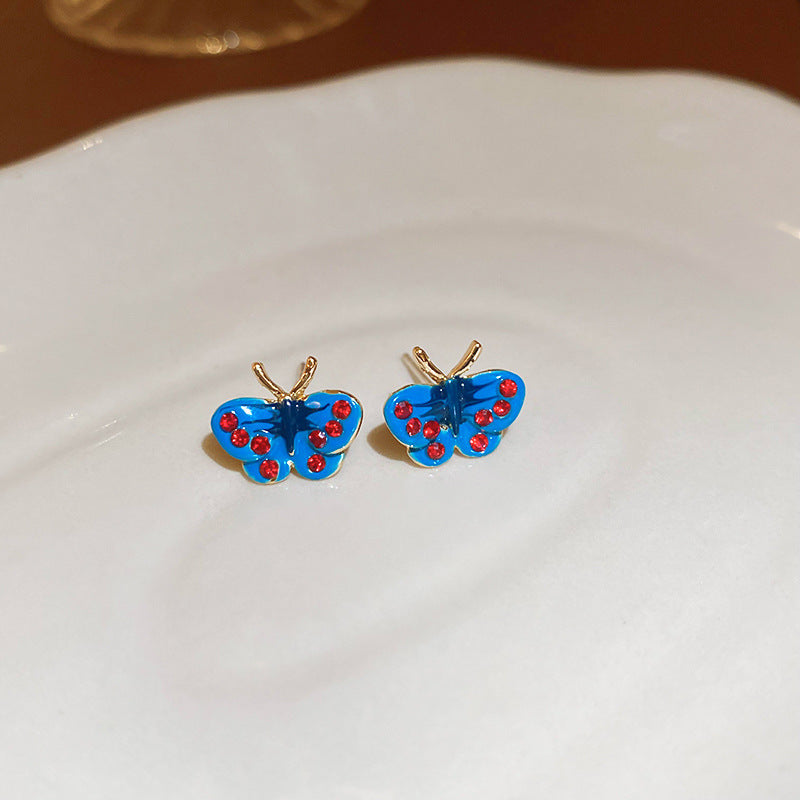 Blue Crystal Butterfly Flower Fashion Simple Fresh Light Luxury High Earrings