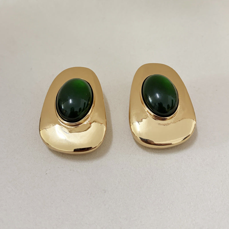 Luxury Metal Glossy Oval Resin Gemstone Earrings