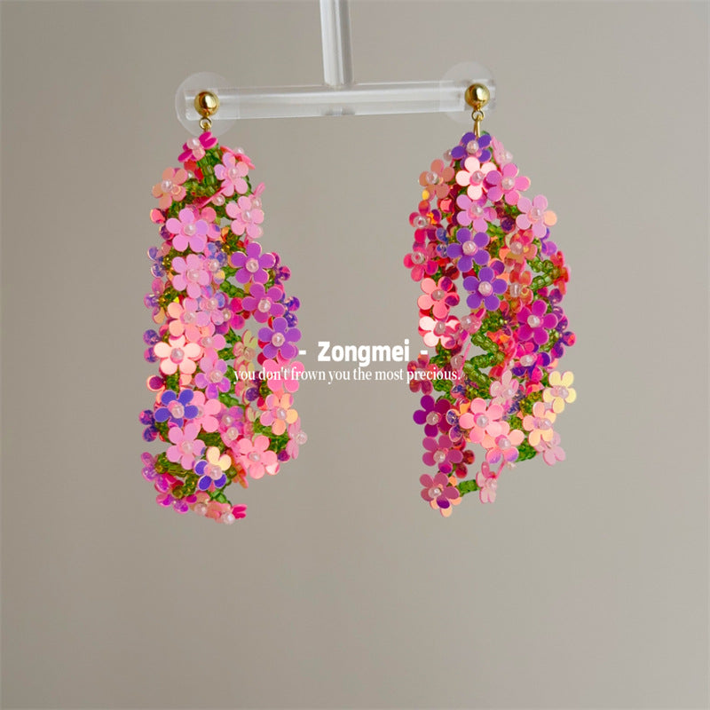 Imported Laser Flower Handmade Ear Clip Beaded Combination Earrings