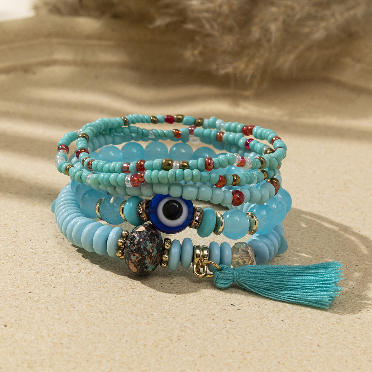 Women's Bohemian Vacation Style Twin Design Sense Glass Beads Stretch Bracelet