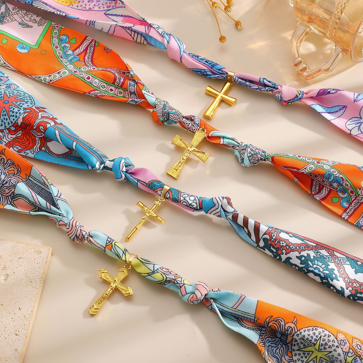 Women's Colorful Silk Scarf Hand-knotted Cross Fabric Necklace