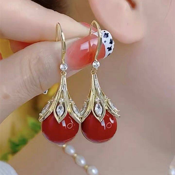 Trendy Red Bulb Light Luxury Refined Grace Festive Design Earrings