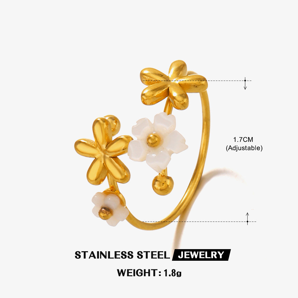 Women's Fashionable Elegant Flower Stainless Steel Gold-plated White Lip Rings