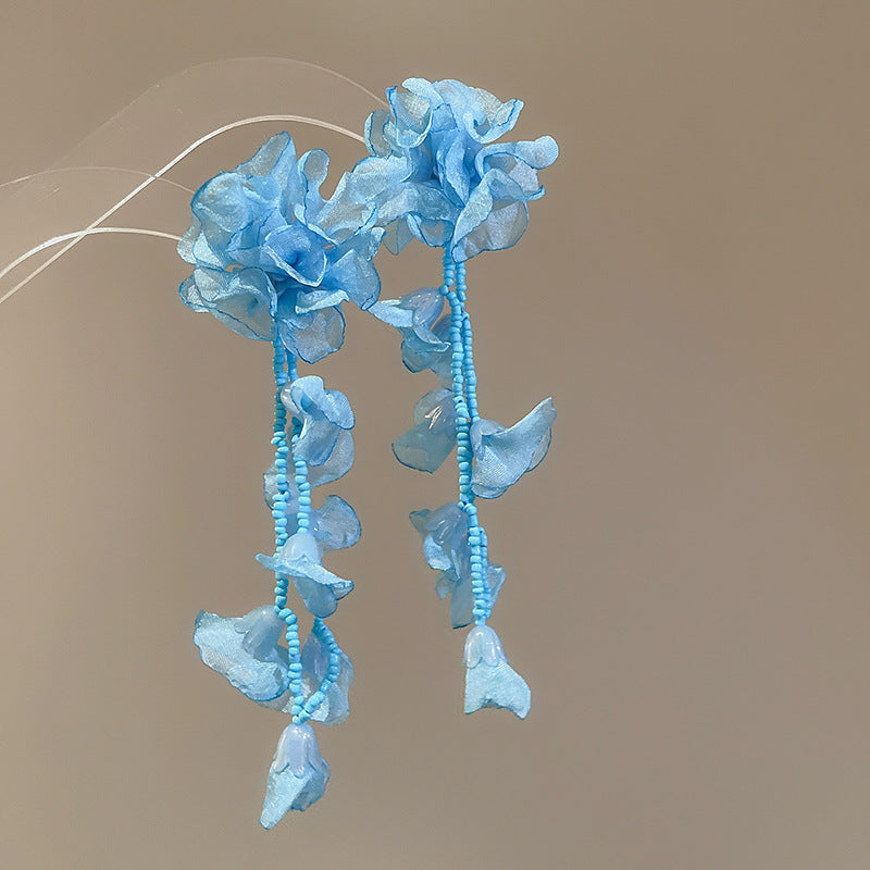 Women's Fresh Blue Fabric Flower Tassel Seaside Vacation Style Light Stud Earrings