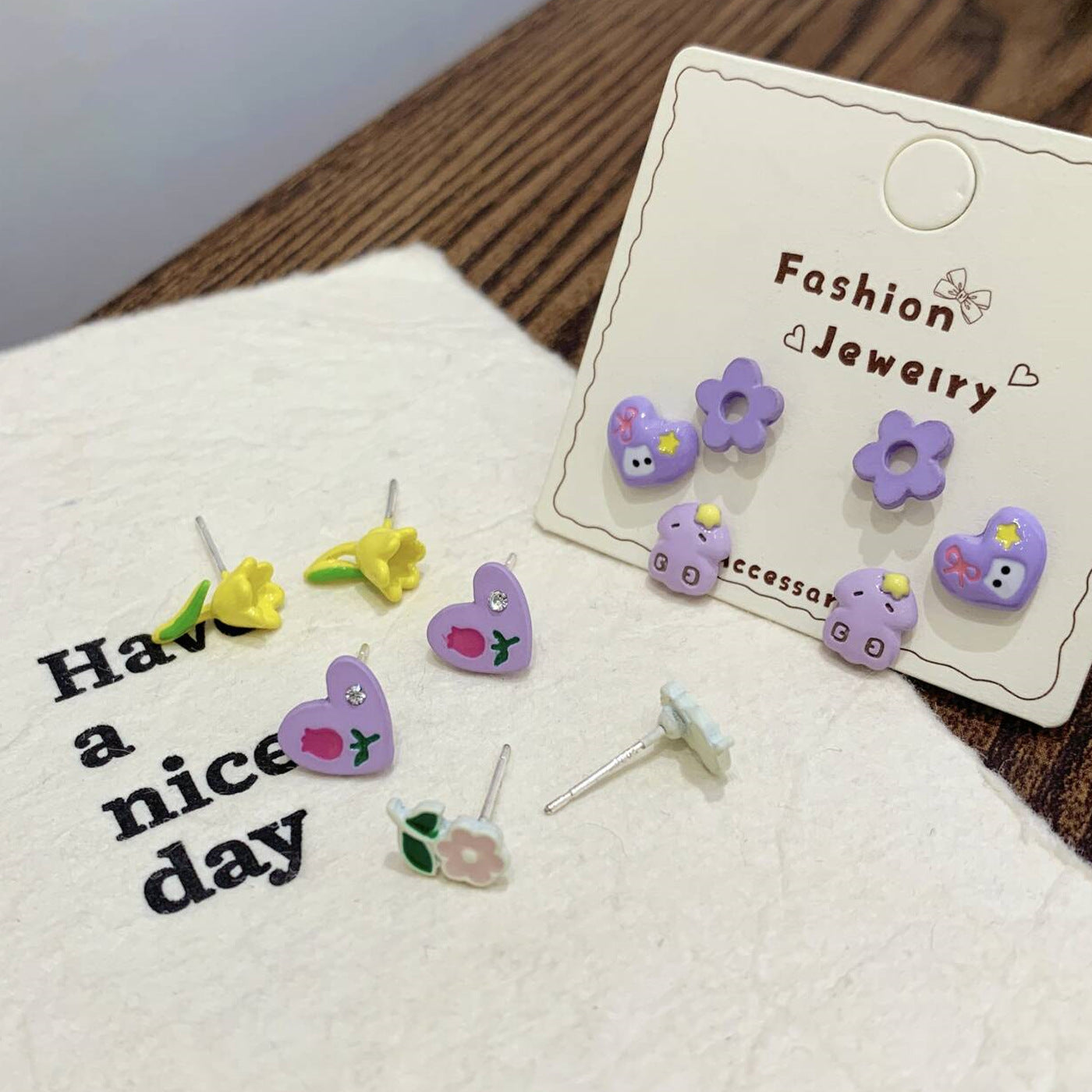 Women's Cartoon Cute Flowers Loves Cats Three-piece Stud Earrings