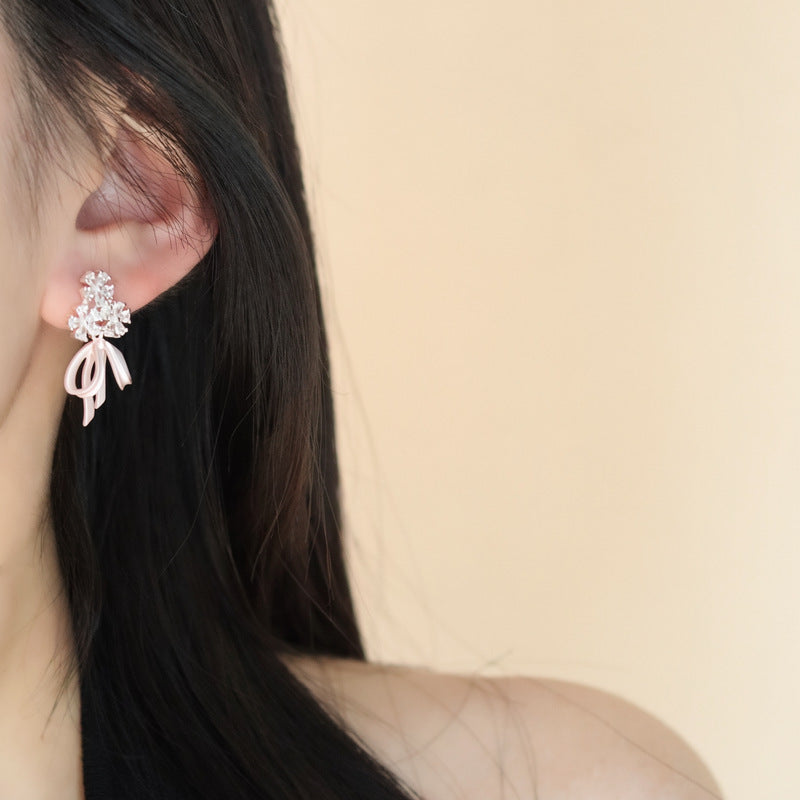 Sier Needle Drop Oil Zircon Flower Bow Simple Sweet Stud Earrings