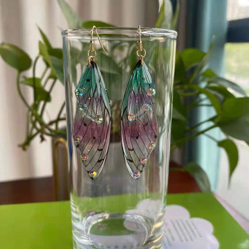Women's Sier Cicada Wings Ear Hook Butterfly Temperamental Fairy Long Eardrop Earrings