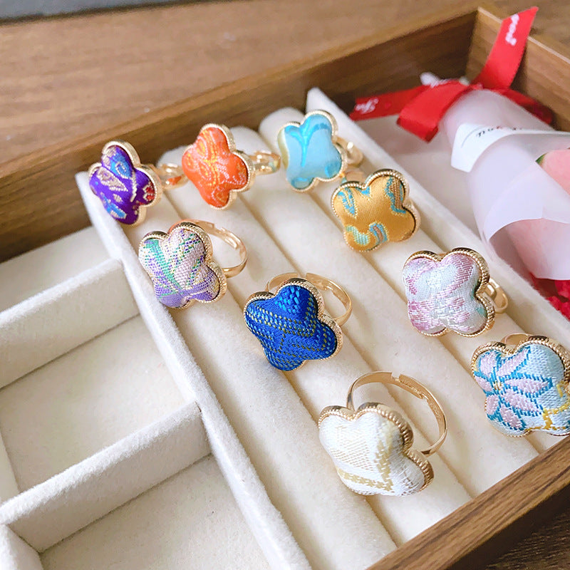 Chinese Style Song Dynasty Brocade Clover Finished National Adjustable Open Ring