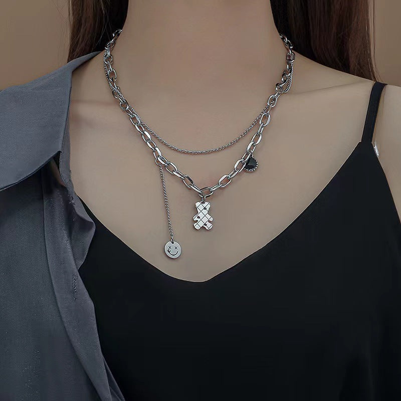 Double Layer Black Onyx Bear Female Hip Hop Smiley Face Necklace