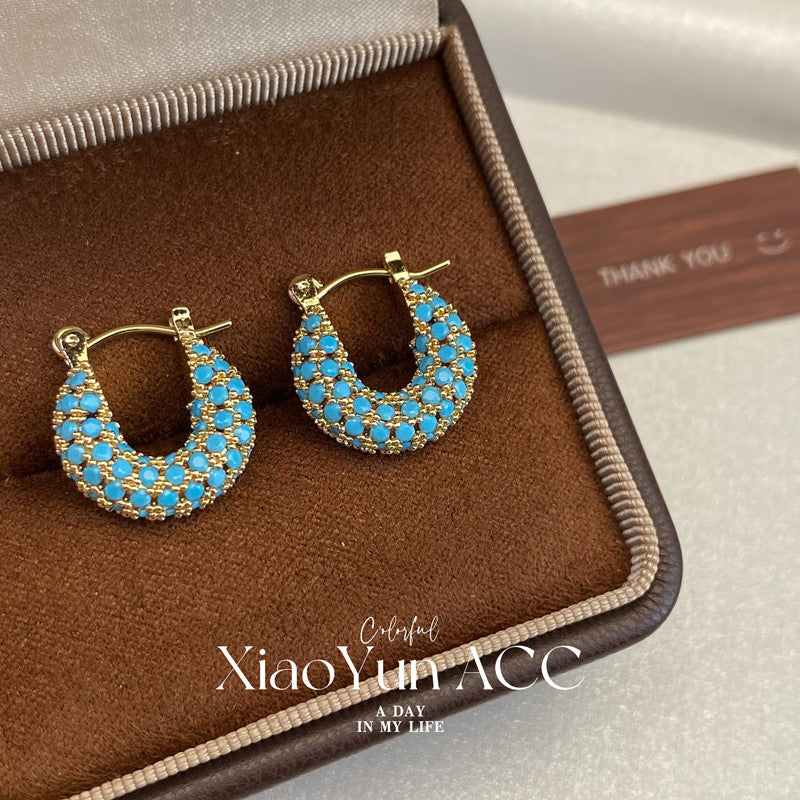 Turquoise Micro Inlaid Zircon Geometric Hoop Cold Wind Ear Niche Earrings