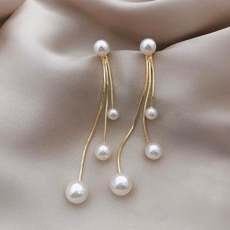 Women's Sier Needle Pearl Long Tassel High-grade Earrings