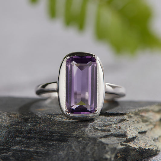Temperamental Sterling Sier Inlaid Natural Amethyst Female Cube Rings