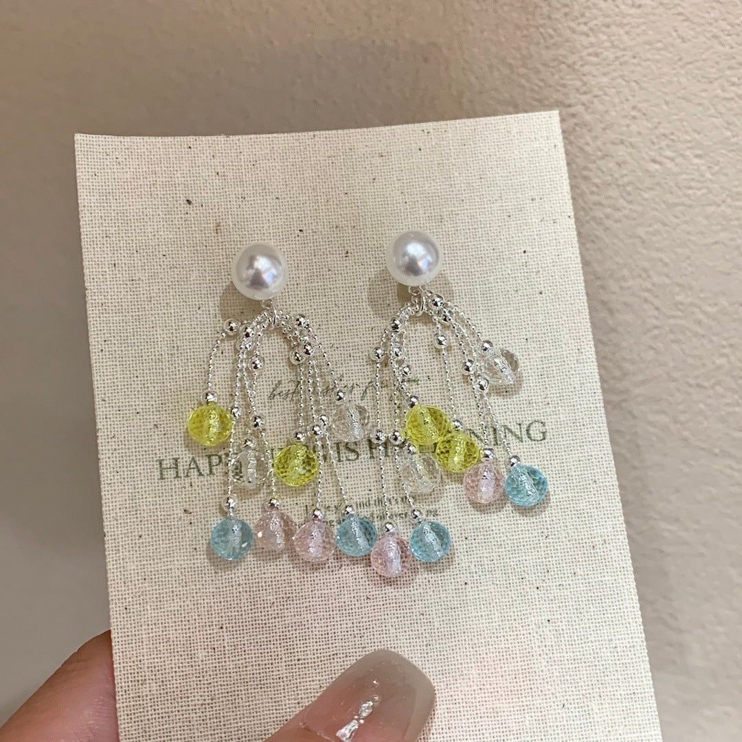Style Niche Color Crystal Tassel Long Fashionable Dopamine Indie Pop Stud Earrings