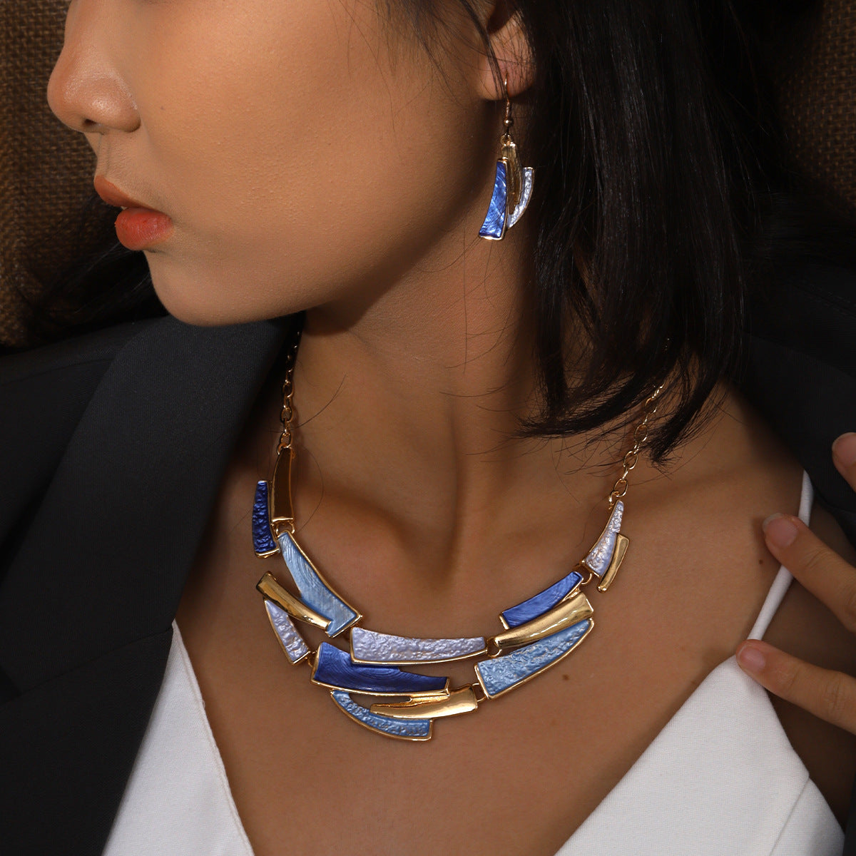 Women's Blue Enamel Geometric High-grade Elegant Trendy Jewelry Set