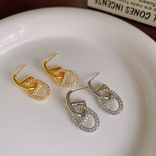 Light Luxury Double Full Diamond Niche Geometric Gold Sier Two-color Stud Earrings