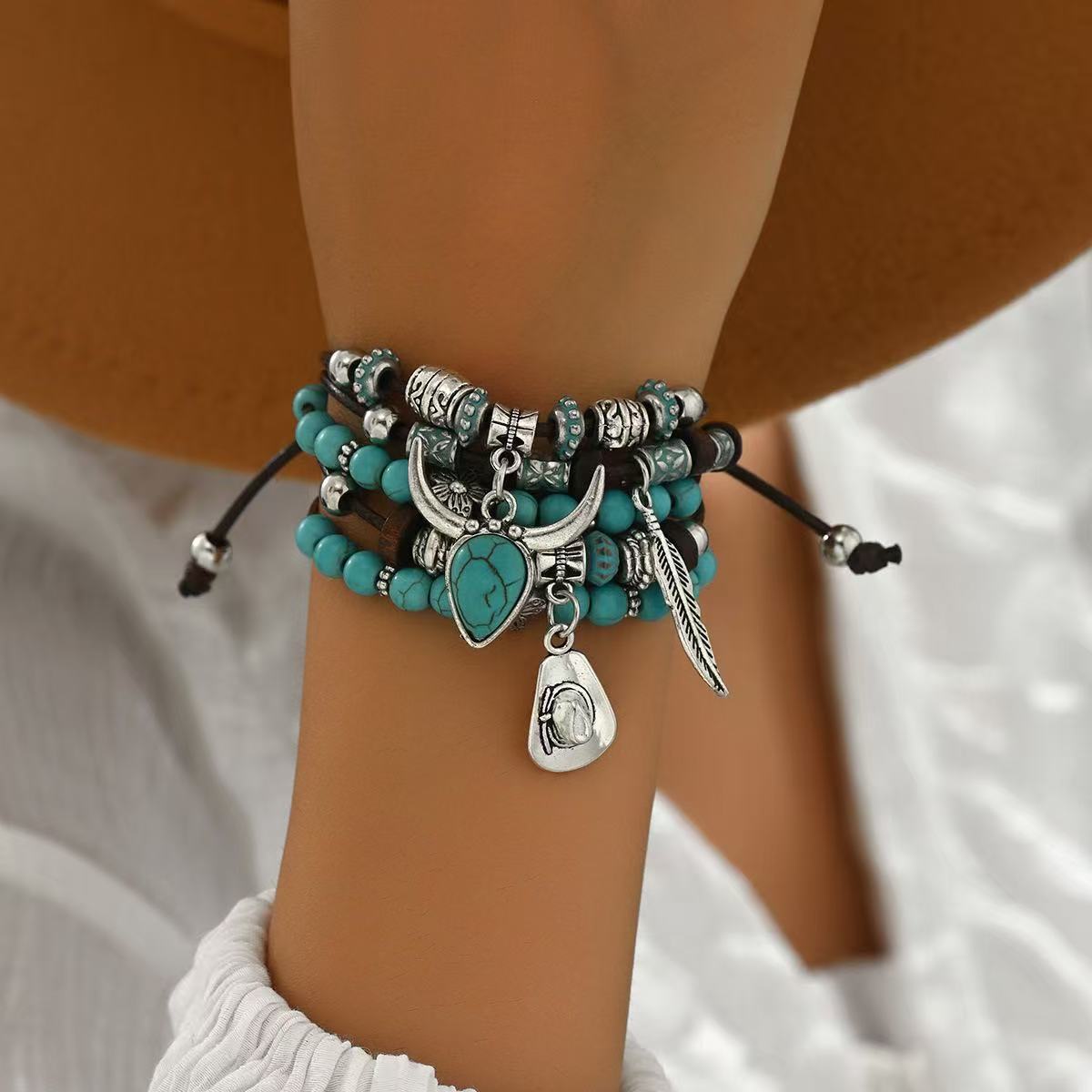 Bohemian Turquoise Ox Head Cowboy Hat Feather Bracelet