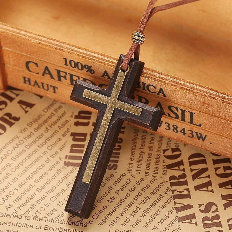 Wood Cross Boys Long Sweater Chain Necklace