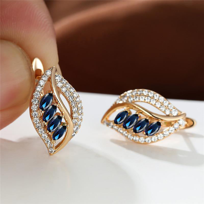 Green Empty Female Champagne Gold Four Diamond Leaf Micro High Stud Earrings