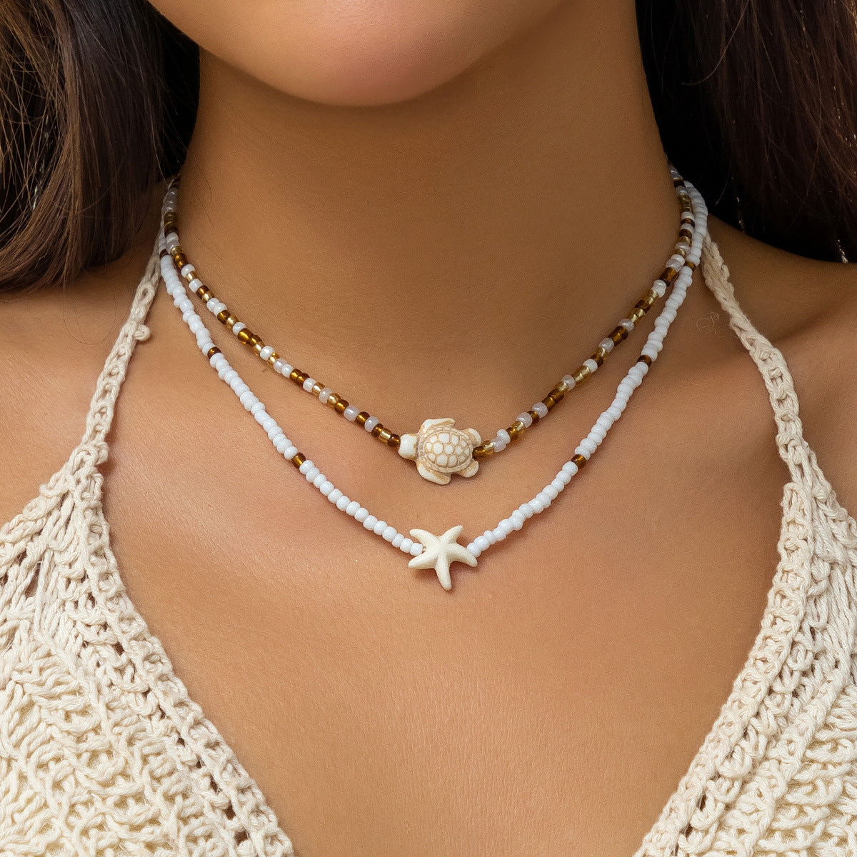 Women's Ocean Style Beads Stringed Clavicle Starfish Shell Necklaces