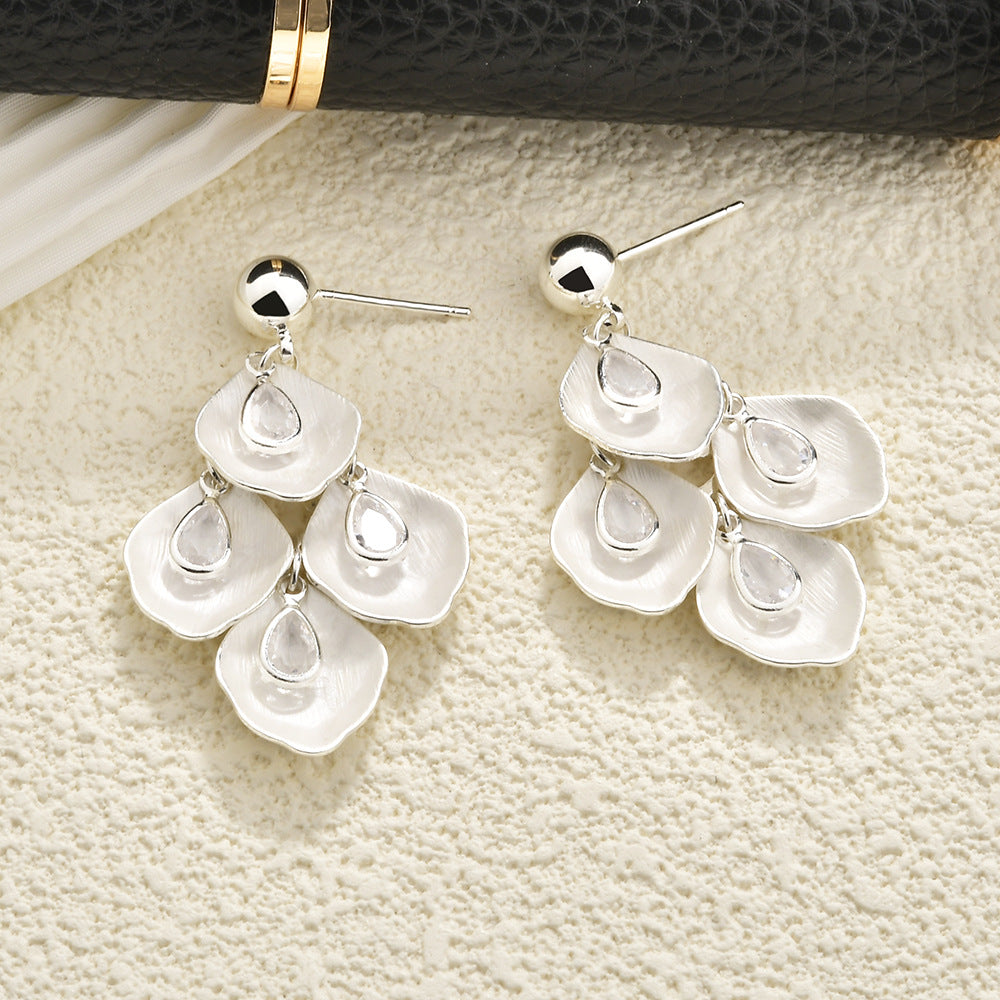 Petal Fringe Zircon Ear Fresh Sweet Mori Fairy Style Earrings