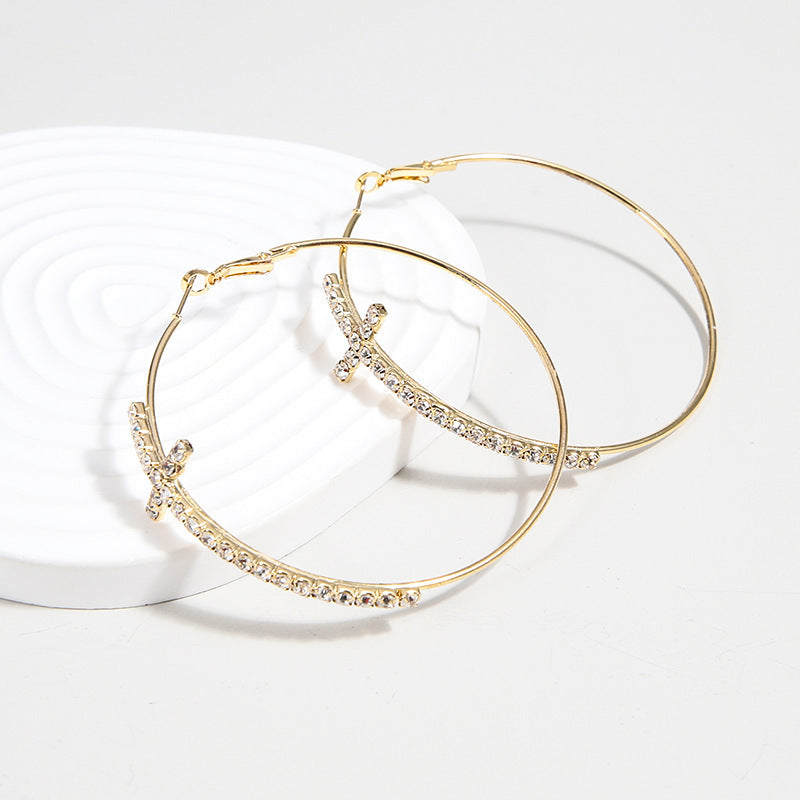 Women's Golden Cross Circle Diamond Simple Personality Exaggerated Earrings