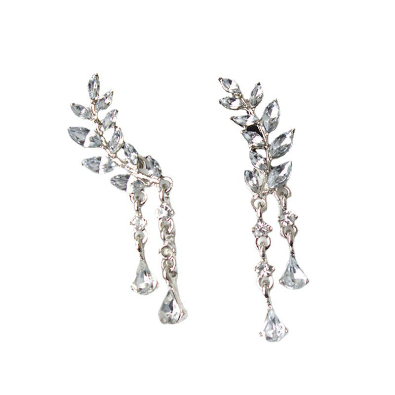 Sweet Rhinestone Popular Leaves Tassel Crystal Earrings