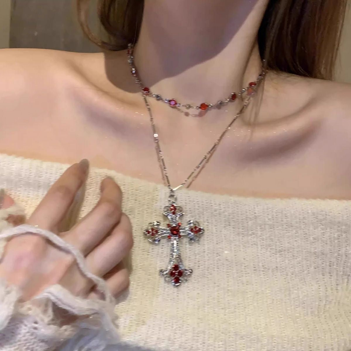 Punk Red Cross Female Trendy Hot Gothic Style Double Layer Necklace