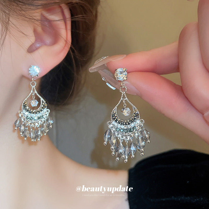 Sier Artificial Crystal Hollow Chinese Ethnic Style Tassel Earrings