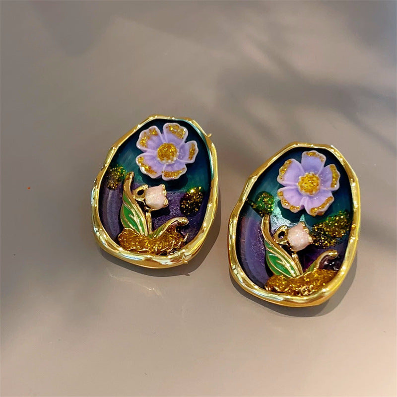 Jardin Monet Oil Painting Freshwater Pearl Flower Chinese Earrings