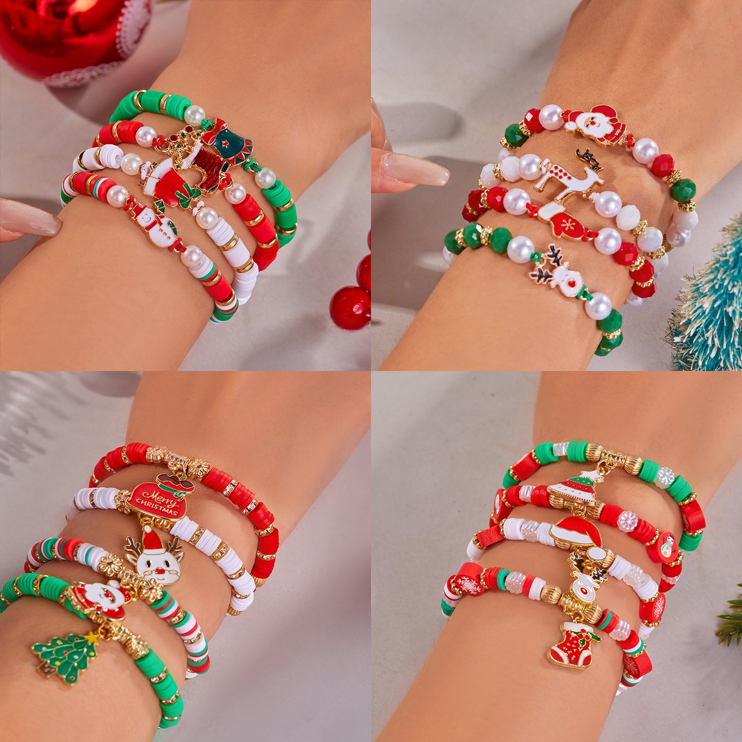 Festival Colorful Woven Santa Elk Polymer Clay Bracelets