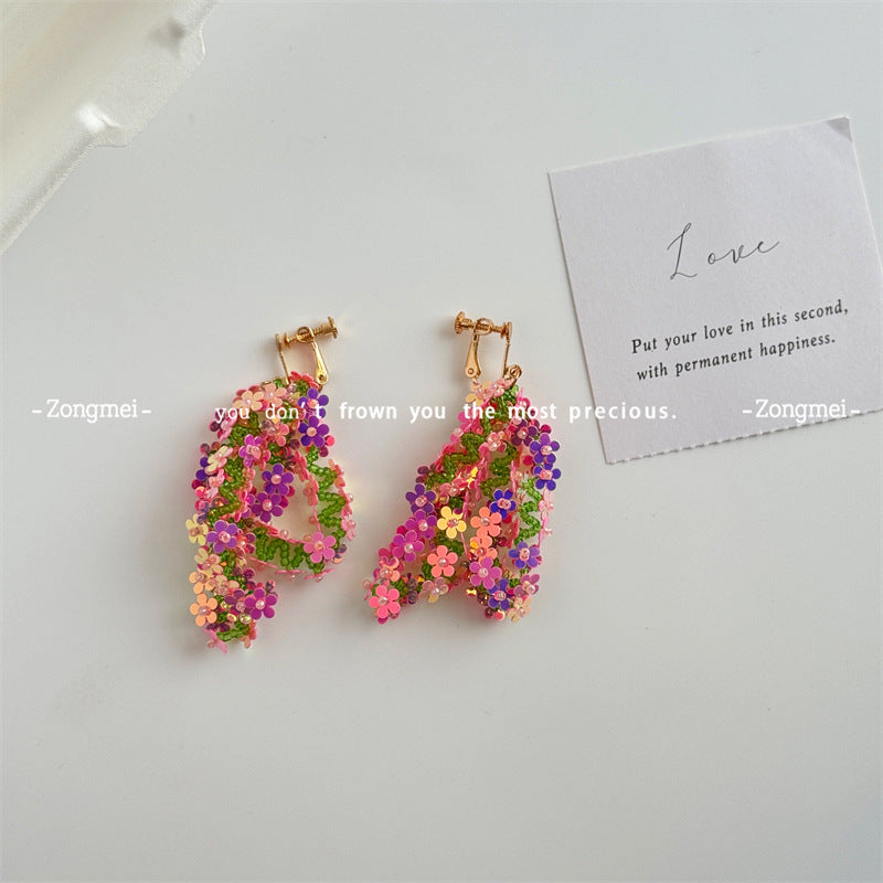 Imported Laser Flower Handmade Ear Clip Beaded Combination Earrings