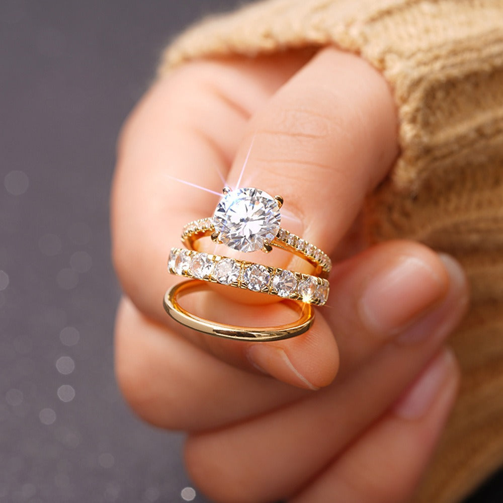Women's Zircon Diamond Three-piece Fashion Wedding White Gold Rings