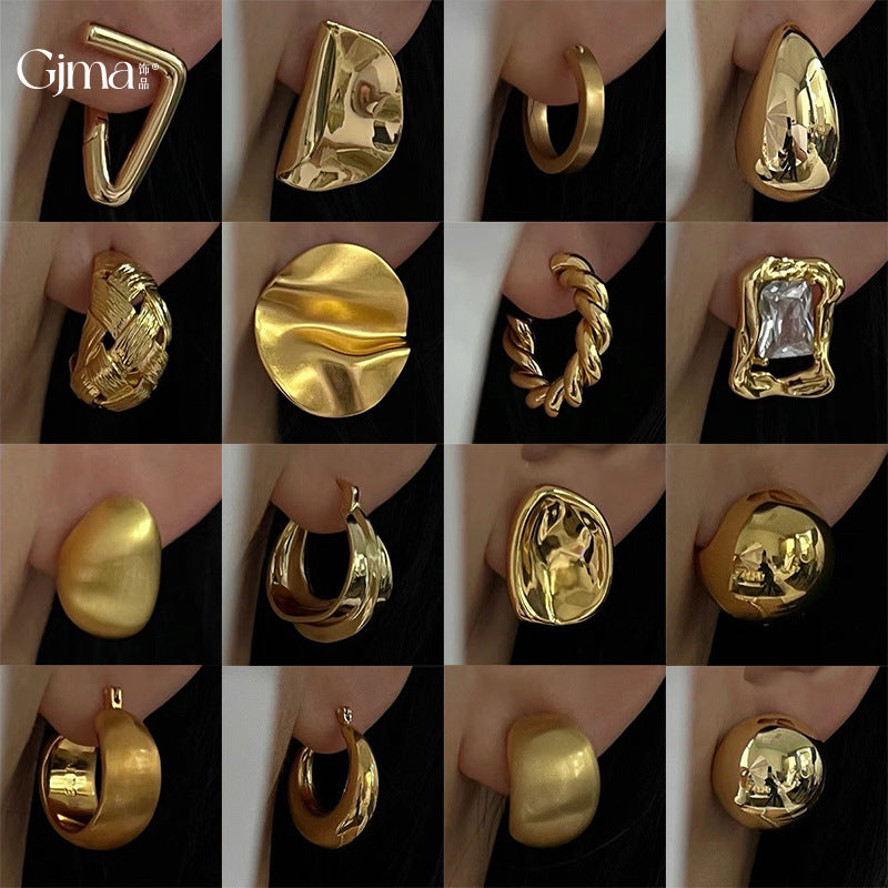 Women's Needle Metallic Pleated Round Geometric Bean-shaped Fashionable Fashion Stud Earrings
